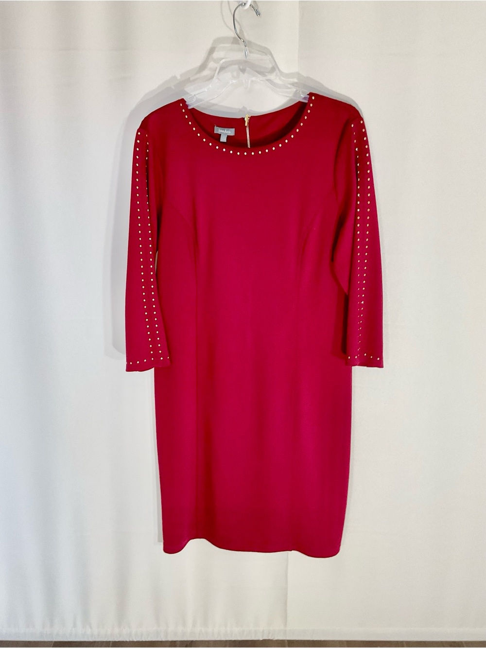 Neiman Marcus Collection Elegant Red Stud-Accent Ling Sleeve Women’s Dress